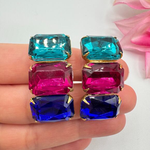 Vintage Three Rhinestone Huge Clip On Earrings Teal Fuchsia Blue 80s Mob Wife - Picture 8 of 16